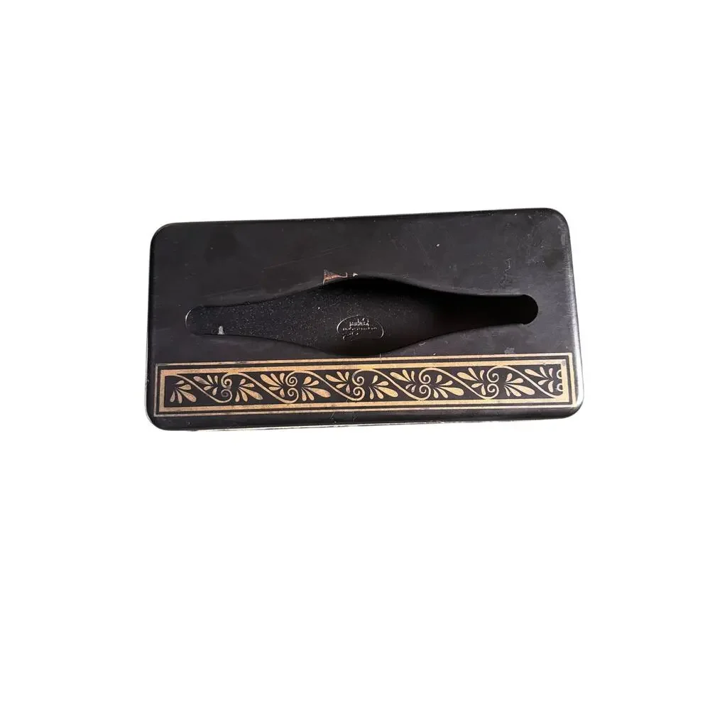 Vintage Ransburg MCM Tissue Box Cover Metal Black Gold Atomic Floral Patina